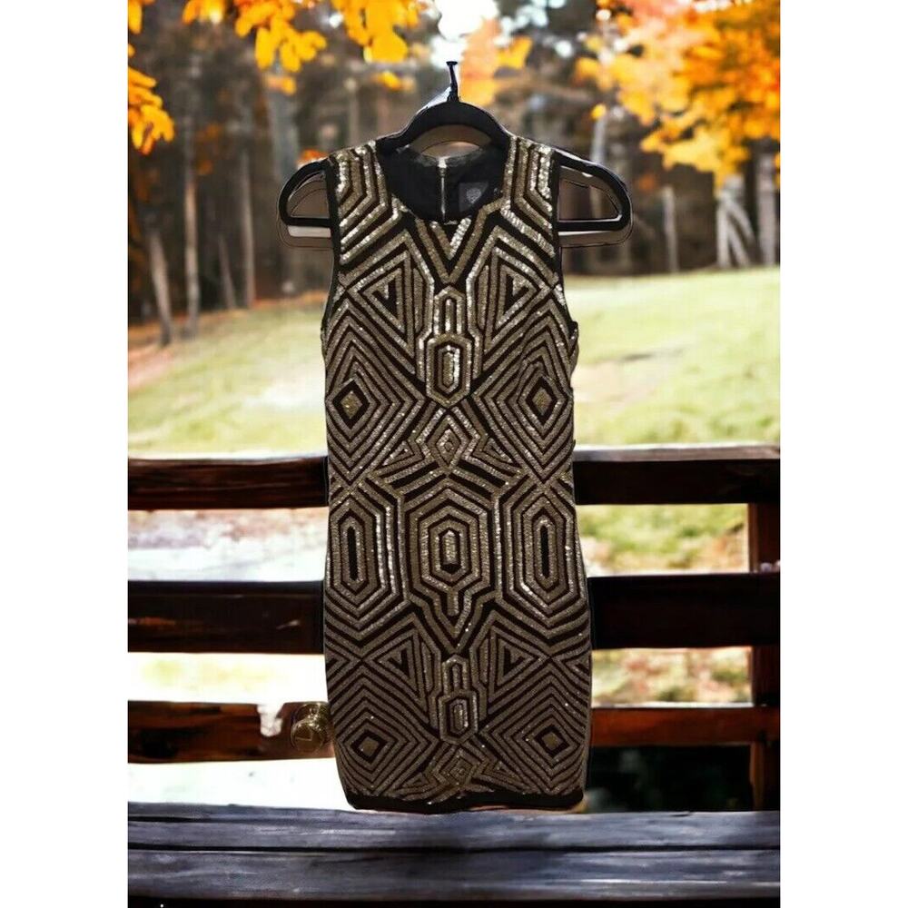 Vince Camuto Black Gold Sequin Cocktail Dress Size 2 Bodycon Special Occasion
